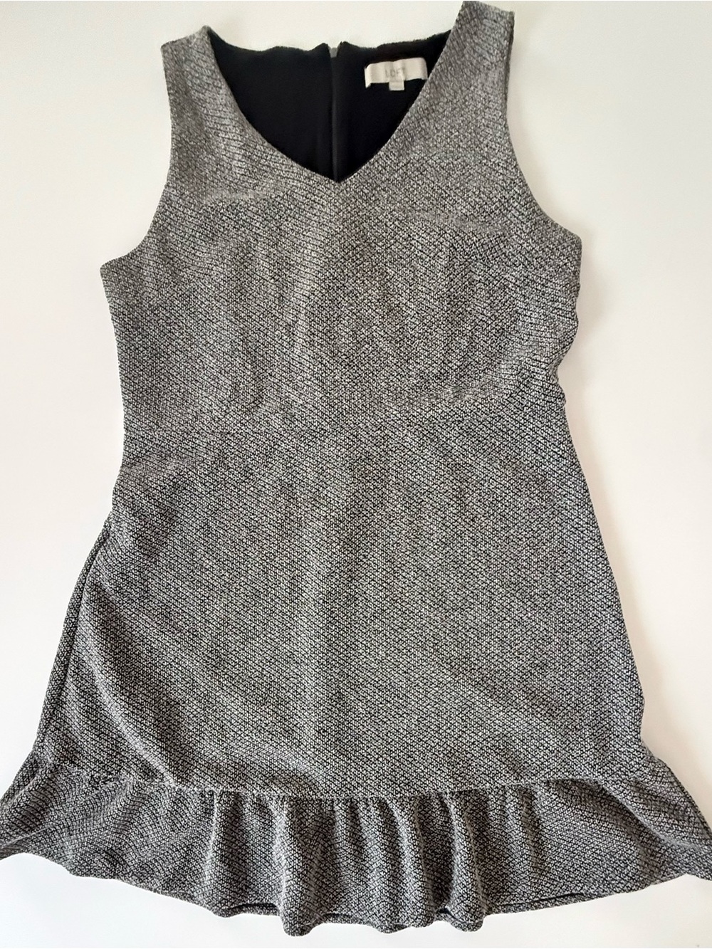 LOFT Dress Size 16 GrayTextured Knit Sleeveless Ruffle Hem Above Knee
